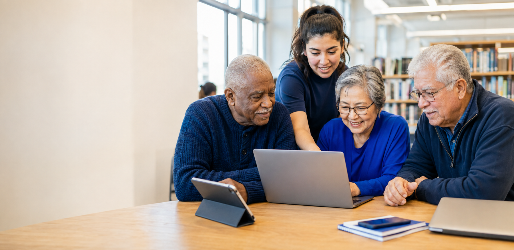 Adults learning technology together with a volunteer in a community library