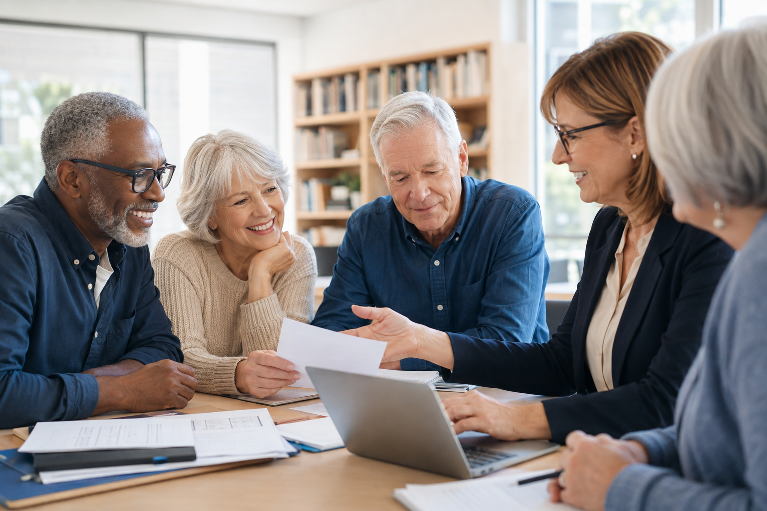 Adults over 50 discussing practical financial and insurance planning